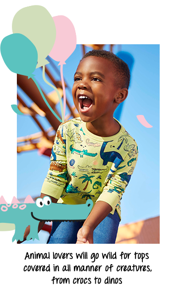 What's their favourite animal? This top is designed with dinosaurs and crocodiles