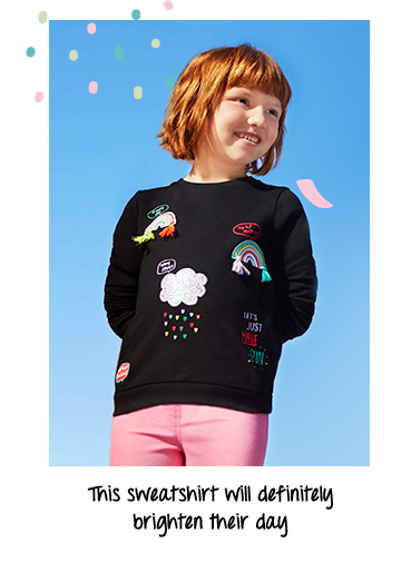 This sweatshirt comes designed with an iridescent sequin cloud raining hearts, a tassel trim glitzy rainbow and more