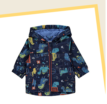 Keep little ones toasty warm and dry in this navy mac, designed with dinosaurs all over