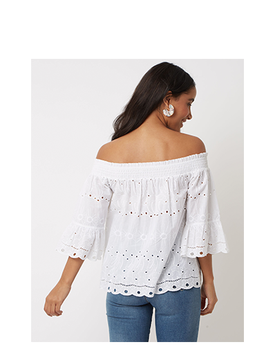 Designed with a beautiful cutwork detail, this white flute sleeve Bardot top is an elegant choice for everyday dressing