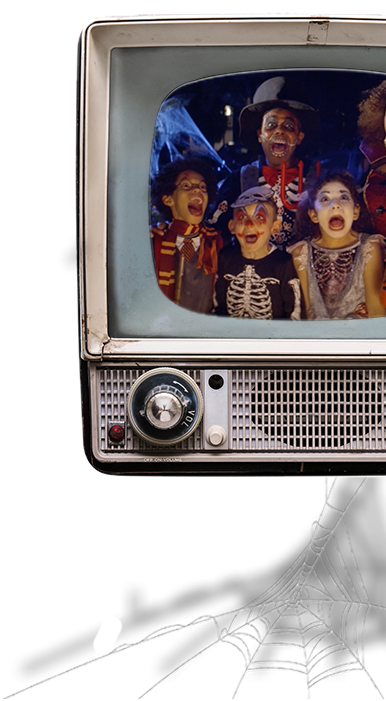 Image of TV with children dressed up in Halloween costumes 