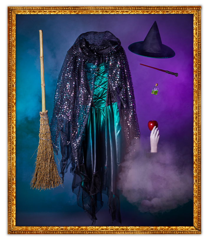 Floating George Halloween witch costume, broomstick, hat and more shrouded in smoke
